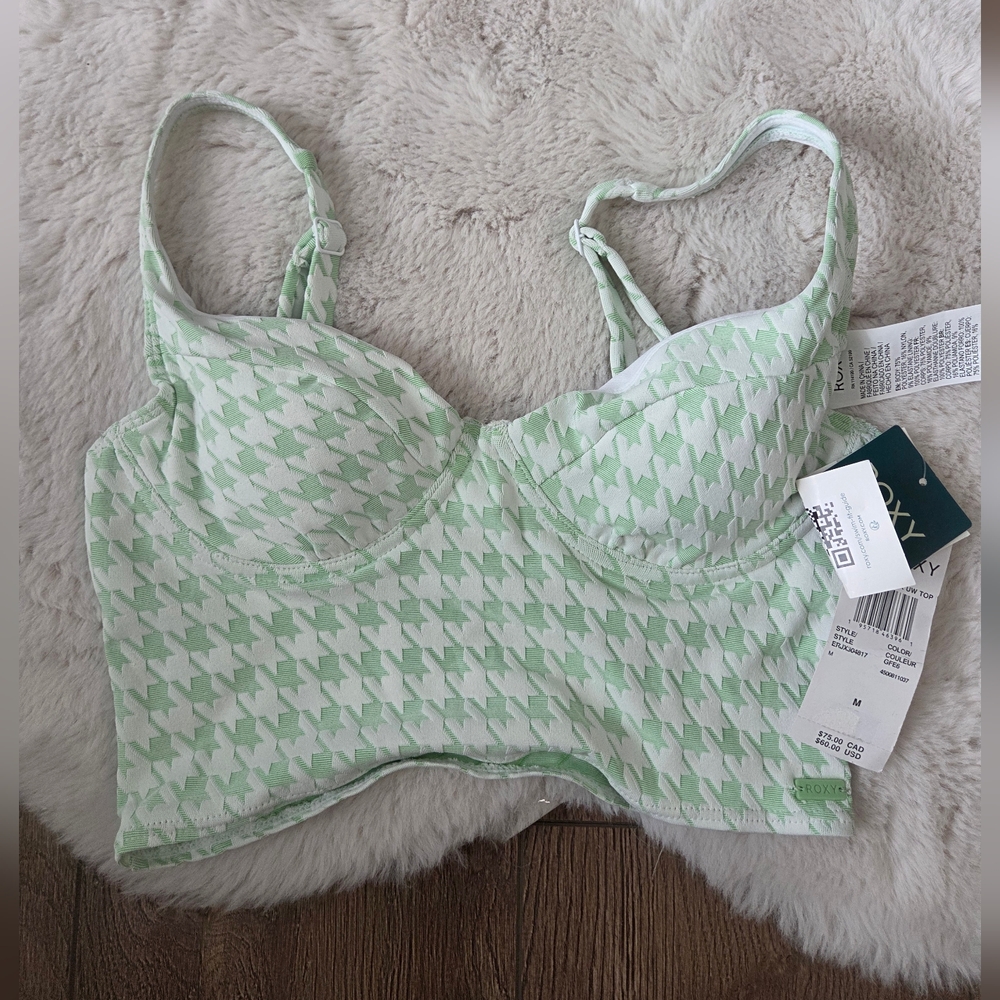 New NWT Ladies Roxy Bikini Top Green Houndstooth In Size Medium